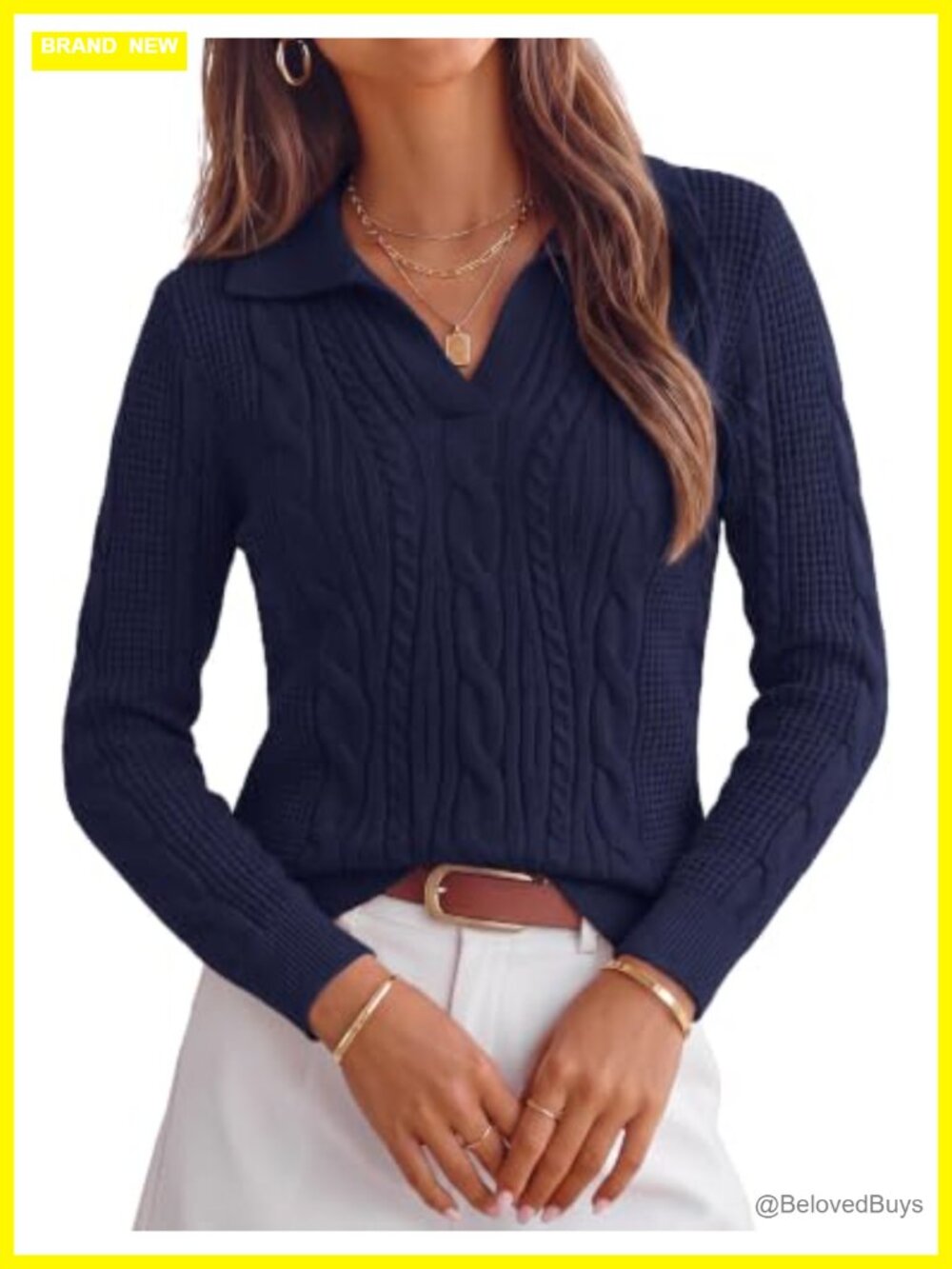 Womens Cable Knit V Neck Polo Pullover Sweater Long Sleeve Fall Winter